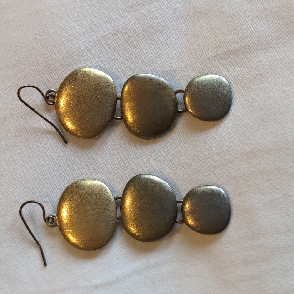 Gold Tone 3 Tier Stone Pebble Boho Statement Festival Earrings